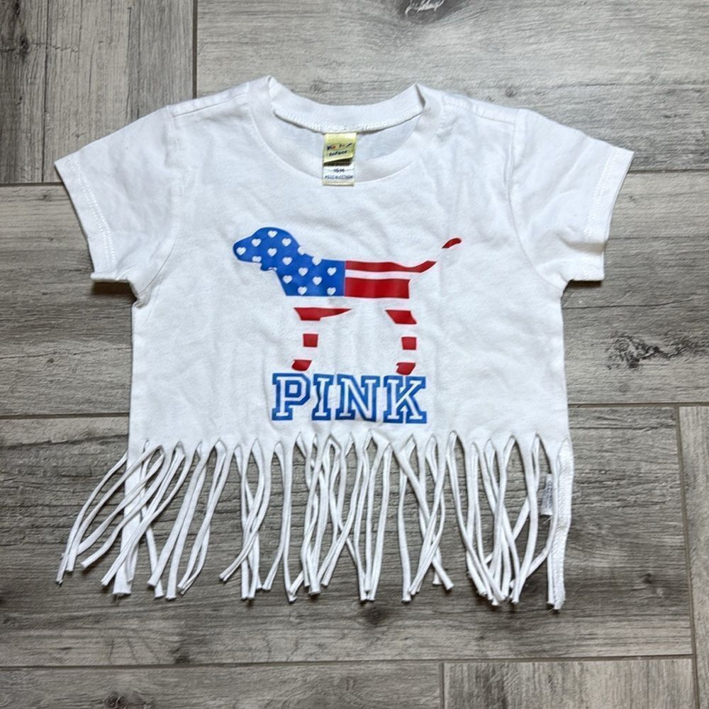 Kavio Infant Kids “Pink” American Flag Dog Fringe Crop T-Shirt White Size 18M